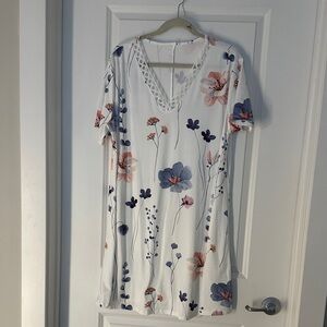 Floral Midi Dress in White with Pink and Blue Accents